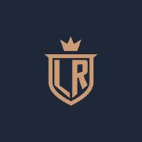 LR monogram initial logo with shield and crown style vector