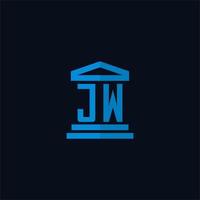 Monograma del logotipo inicial de jw con vector de diseño de icono de edificio de juzgado simple