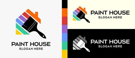 plantilla de diseño de logotipo de pintura de construcción genial. pincel con silueta e icono de la casa en el concepto de colores del arco iris. ilustración vectorial de un logotipo para pintura mural o de construcción. vector premium