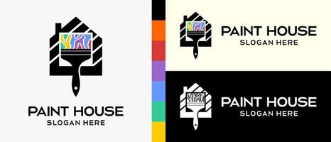 cool building paint logo design template. paintbrush and house in silhouette with rainbow color concept elements. vector illustration of a logo for wall or building paint. Premium Vector