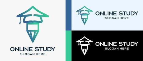 online study logo design template, pen or pencil icon and graduation cap in line art style. simple and cool education logo illustration vector