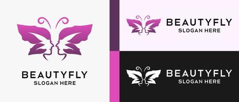 plantilla de diseño de logotipo de belleza con el concepto de elemento facial de una mujer en una mariposa. ilustración de logotipo de vector premium