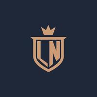 LN monogram initial logo with shield and crown style vector