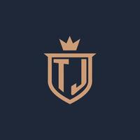 logotipo inicial del monograma tj con estilo de escudo y corona vector