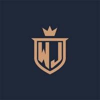 WJ monogram initial logo with shield and crown style vector
