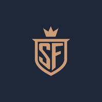 SF monogram initial logo with shield and crown style vector