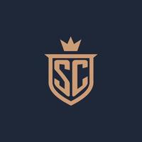SC monogram initial logo with shield and crown style vector