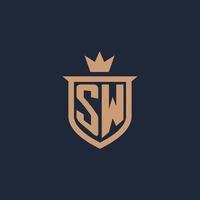 SW monogram initial logo with shield and crown style vector