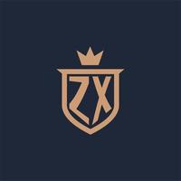 ZX monogram initial logo with shield and crown style vector