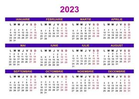 calendario 2023 rumano, la semana comienza el lunes, diseño minimalista vector