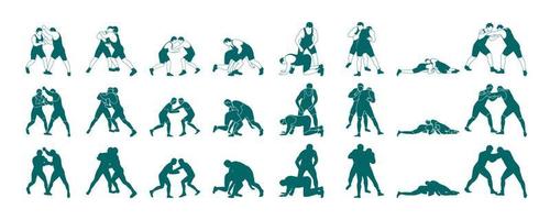 Athlete wrestler in wrestling, duel, fight. A pack of silhouettes Greco Roman, freestyle, classical wrestling. vector