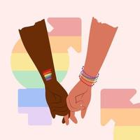 pareja lgbt o familia de diferente piel tomándose de la mano. boda en comunidad lgbti. brazos humanos con emblemas lgbtg, arco iris, bandera. ilustración vectorial plana para póster, tarjeta, pancarta, pegatina vector