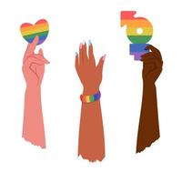 People of different skin holding lgbtg emblems, rainbow, flag in hands. Lgbt  community.  Gender, diversity, unity concept. Vector flat illustration for poster, card, banner, sticker