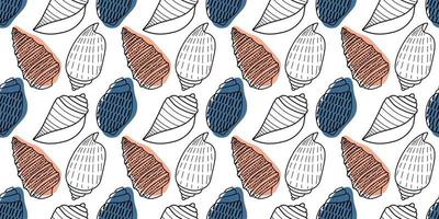 Vector seamless pattern. Line art sketch seashells. Isolated background. Decoration symbol of health calcium. Summer, sand and beach design. Repetitive ornament.