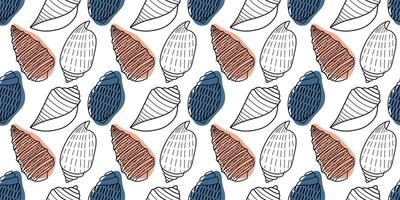 Vector seamless pattern. Line art sketch seashells. Isolated background. Decoration symbol of health calcium. Summer, sand and beach design. Repetitive ornament.