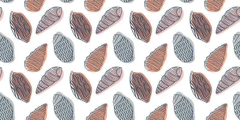 Vector seamless pattern. Line art sketch seashells. Isolated background. Decoration symbol of health calcium. Summer, sand and beach design. Repetitive ornament.