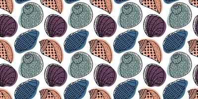 Vector seamless pattern. Line art sketch seashells. Isolated background. Decoration symbol of health calcium. Summer, sand and beach design. Repetitive ornament.