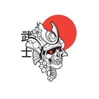 cabeza de calavera con ilustraciones de estilo japonés de casco samurai vector