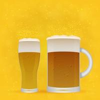 Realistic glass and mug of beer on bright yellow orange background. Light lager beer froth and bubbles. Oktoberfest theme. Pub or brewery vector illustration.