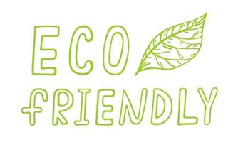 Eco friendly vector icon. Symbol of healthy food, natural farm products, eco cosmetics. Hand drawn illustration isolated on white. Green vegan sign, bio emblem with leaf. Clipart for logo, print, tags