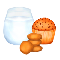 muffin y galletas con leche acuarela clipart png