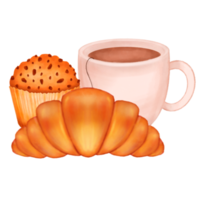 croissant y muffin con taza de té acuarela clipart png