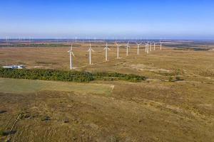 Aerial view from drone at wind turbine farm. Horizontal view photo