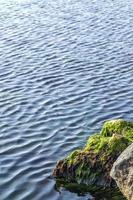 water wind waves and big rock with moss. Vertical view photo