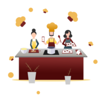 cooking class flat illustration with people cooking cake in kitchen png