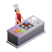 ilustração isométrica de aula de culinária com legumes e conjunto de cozinha png