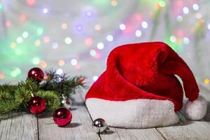 Santa hat and bokeh light christmas tree, happy new year, copy space photo