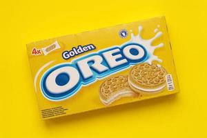 Ternopil, Ukraine - May 8, 2022 Oreo golden crispy cookie box. The brand Oreo is owned by company Mondelez international photo