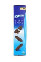 Ternopil, Ukraine - May 8, 2022 Oreo thins crispy cookies pack. The brand Oreo is owned by company Mondelez international photo