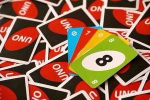 Ternopil, Ukraine - May 8, 2022 Many colorful UNO game cards. UNO is an American shedding-type card game that is played with a specially printed deck photo