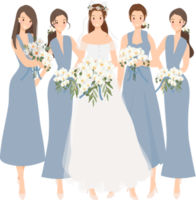 beautiful happy bride and bridesmaid in blue gown wedding ceremony