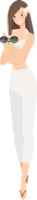 hübsche junge stilvolle frauen tragen weißes sommerkleid mit flachem stil des französischen bulldoggenwelpen png