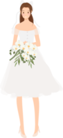 skön ung brud i vit bröllop klänning med phalaenopsis orkide blomma bukett platt stil tecknad serie png