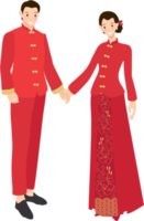 couple de mariage chinois en robe rouge traditionnelle, main dans la main png