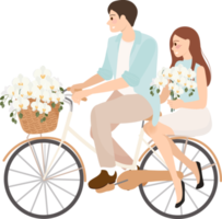 Casal jovem e fofo andando de bicicleta com buquê de orquídea phalaenopsis para o dia dos namorados ou convite de casamento png