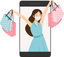 une jeune femme heureuse porte un masque facial utilise un téléphone portable pour faire des achats en ligne png