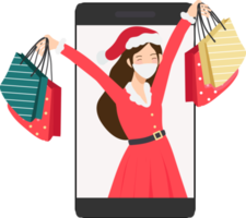 Christmas woman in red and green dress online shopping by cellphone png