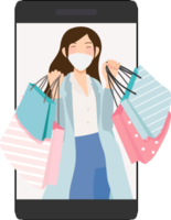 happy young woman wear face mask use mobile phone for online shopping png