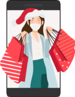 mulher de natal de vestido vermelho e verde compras on-line pelo celular