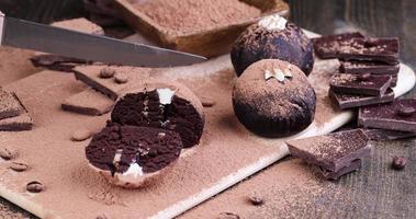 potato cake cut into pieces with pieces of chocolate and coffee photo