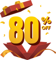 80% de réduction sur la surprise a ouvert une boîte cadeau rouge ruban doré style 3d png