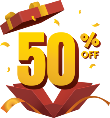 50 Off PNGs For Free Download Discount 50 Percent Off In Surprise Opened Red Gift Box Golden Ribbon 3d Style Png