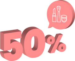50 por ciento de descuento número color crema rosa estilo 3d con icono de producto cosmético para el cuidado de la piel png