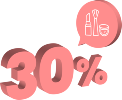 30 percent discount number pink cream color 3d style with cosmetic skin care product icon png