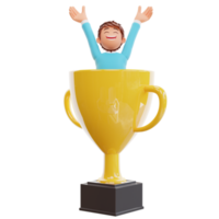 Cute boy  celebrates the championship cartoon 3d icon illustration. people education icon concept png