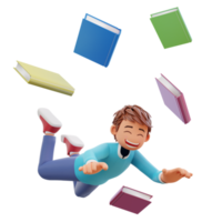 menino bonito cair com muitos livros ilustração de ícone 3d dos desenhos animados. conceito de ícone de educação de pessoas png
